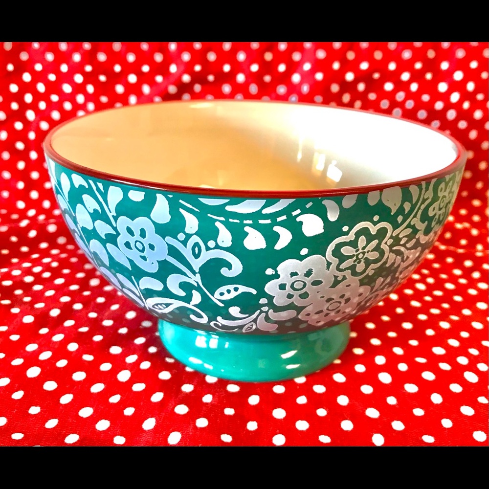 Pioneer Woman Traveling Vines Flowers Red Rim Teal Footed Soup/Cereal Soup Bowl